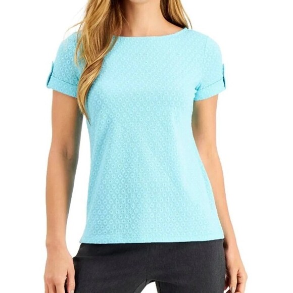 Charter Club Petite Eyelet Top Light Pool Blue PS - Picture 1 of 6
